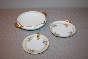 lot 111 image: Set of 3 Antique Porcelain Serving Dishes with Gold Handles and Floral Design