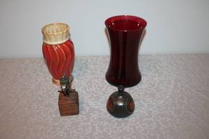 lot 112 image: Mixed Decor Collection with Ceramic Vases, Red Glass Vase, and Metal Sculpture