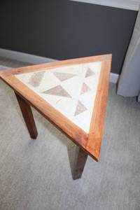 lot 121 image: Triangular Wood and Tile Accent Table