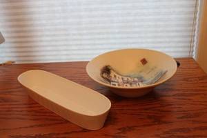 lot 143 image: Artisan Ceramic Bowl with Coastal Scene and White Serving Dish