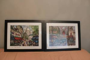 lot 150 image: Pair of Framed Paris Street Scene Prints Montmartre and Moulin Rouge
