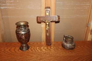 lot 164 image: Decorative Metal Vase, Ceramic Jug, and Wooden Crucifix Set