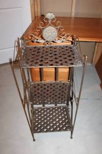 lot 165 image: Ornate Folding Metal Three-Tier Shelf with Decorative Top