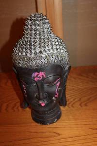 lot 180 image: Decorative Buddha Head Statue with Metallic and Pink Accents