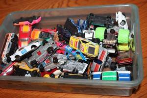 lot 185 image: Collection of Die-Cast Toy Cars and Trucks in Storage Bin