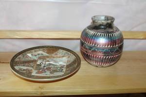lot 204 image: Decorative Asian Plate and Southwestern Etched Pottery Vase Set