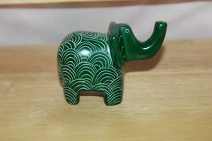 lot 216 image: Handcrafted Green Ceramic Elephant Figurine with White Pattern