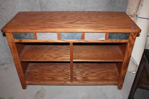 lot 220 image: Wooden Console Table with Open Shelves and Decorative Panel