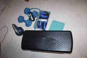 lot 245 image: Home Fitness Equipment Set with Dumbbells, Kettlebell, Step Platform, and Accessories