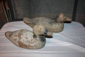 lot 258 image: Pair of Vintage Wooden Duck Decoys with Distressed Finish
