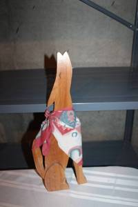 lot 263 image: Handcrafted Wooden Dog Figurine with Patterned Bandana