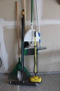 lot 291 image: Garage Cleaning Tool Lot with Eureka Enviro Steamer, Rake, Brooms, and Accessories