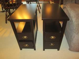 lot 21 image: Pair of dark tone 2-drawer end tabl...