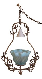 lot 1 image: Vintage Hanging Light Fixture with Blue Glass Shade and Ornate Metal Frame