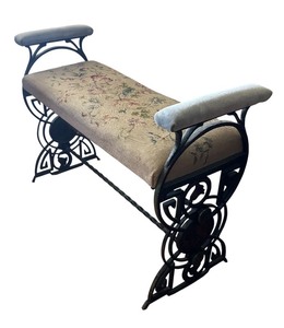 lot 5 image: Vintage Iron Bench with Needlepoint Floral Upholstery