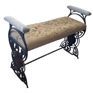 Vintage Iron Bench with Needlepoint Floral Upholstery