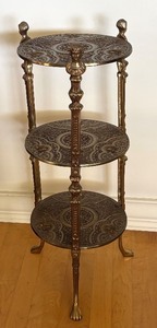 lot 10A image: Vintage Three-Tier Brass Display Stand with Ornate Detailing