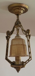 lot 34R image: Vintage Art Deco Ceiling Light Fixture with Ornate Brass Frame and Glass Shade