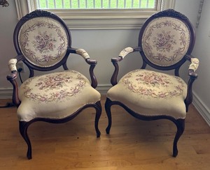 lot 38R image: Pair of Vintage Upholstered Armchairs with Floral Design