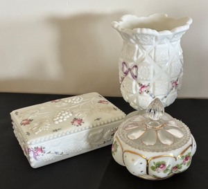 lot 42 image: Vintage Fenton Art Glass Charleton Roses Power Jar, Vintage West Moreland Candy Dish Paneled Grape Pattern & West Moreland Old Quilt Pattern Vase
