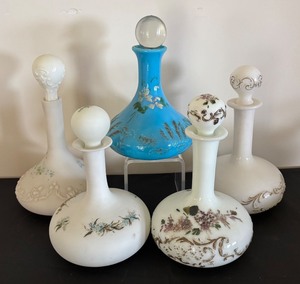 lot 44 image: Set of 5 Victorian Glass Decanters with Painted Floral Designs