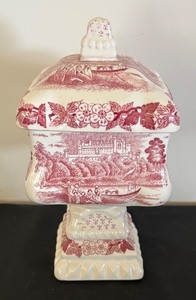 lot 48 image: Vintage Red and White Transferware Covered Footed Dish