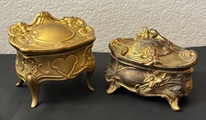 lot 50C image: Set of 2 Vintage Metal Art Noveau  Casket Jewelry Boxes with Floral Embellishments