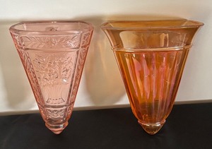lot 53 image: Pair of Vintage Wall Pocket Vases - Carnival Glass and Depression Glass