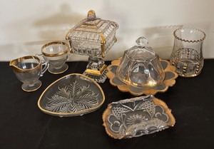 lot 59 image: Collection of Gold Accented Vintage Crystal and Glass Serving Pieces