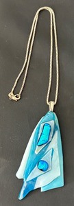 lot 60J image: Sterling Silver Necklace with Blue Fused Glass Pendant