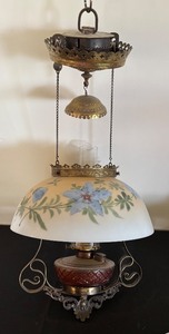 lot 67 image: Vintage Ceiling Mount Oil Lamp with Painted Glass Shade