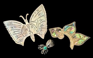lot 83J image: Set of 3 Vintage Mexican Sterling Silver Brooches Abalone and Turquoise Inlay