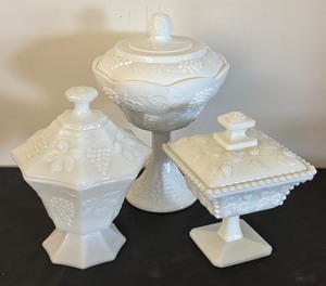 lot 111 image: Set of 3 Vintage Milk Glass Compotes with Grape Motif Lids