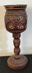 lot 113 image: Vintage Hand-Carved Wooden Pedestal Vase