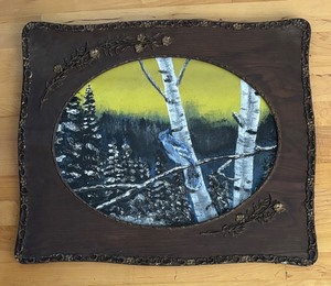 lot 114 image: Vintage Original Painting of Blue Jay in Forest with Ornate Frame