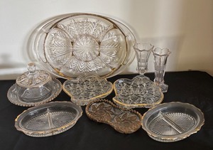 lot 119 image: Lot of Vintage Pressed Glass Dishes and Platters with Gold Trim
