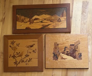 lot 120 image: Collection of 3 Vintage Walter Kraft and Marquetry Pictures in Wood Decor