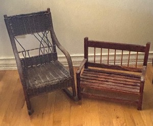 lot 130 image: Vintage Childrens Wicker Rocking Chair and Wooden Doll Bench