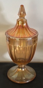 lot 174 image: Vintage Jeanette Iridescent Marigold Glass Lidded Candy Dish