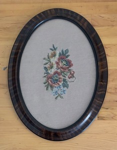 lot 179 image: Framed Floral Needlepoint Artwork in Oval Frame