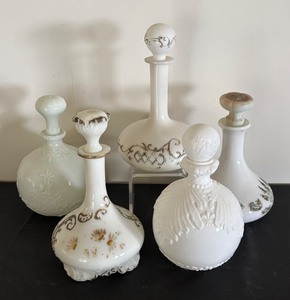lot 192 image: Set of 5 Vintage Victorian Milk Glass Decanters  Dresser Bottles