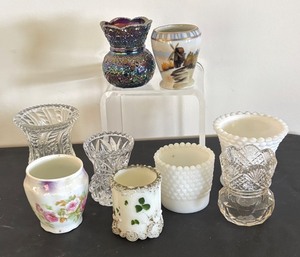 lot 193 image: Set of 8 Vintage Toothpick Holders Assorted Glass and Porcelain Designs