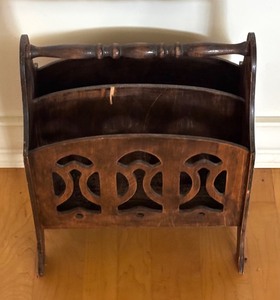 lot 197 image: Wooden Magazine Rack with Carved Design and Handle