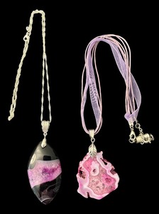 lot 197J image: Set of 2 Egg Pendant Necklaces with Sterling Silver and Ribbon Chains
