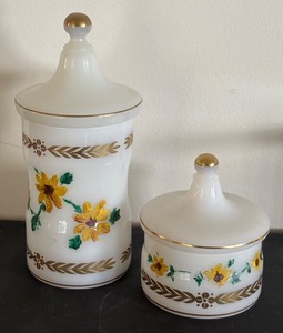 lot 199 image: Pair of Swedish Milk Glass Lidded Jars with Floral Design and Gold Accents