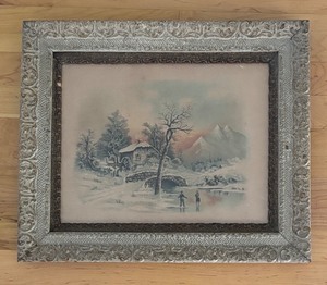 lot 290 image: Framed Winter Landscape Print with Ornate Vintage Frame
