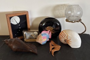 lot 293 image: Seaside Decor Collection with Framed Shell Art, Otagiri Vase, Wood Fish Sculptures, and Nautilus Shell
