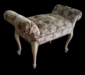 lot 327 image: Upholstered Floral Bench with Rolled Arms and White Legs