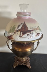 lot 238 image: Vintage B & H Oil Lamp with Hand Painted Glass Shade