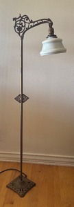lot 242 image: Vintage Cast Metal Floor Lamp with Ornate Accent and Glass Shade
